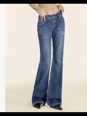 Classic Mid Rise Dark Blue Flare Boot Cut Y2K Jeans for Women Stretchy